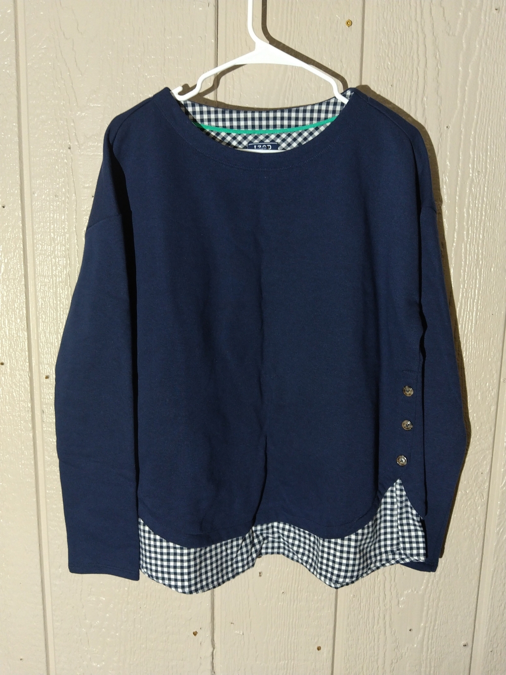 Izod Navy Long-Sleeve Layered-Look Top with Gingham Trim